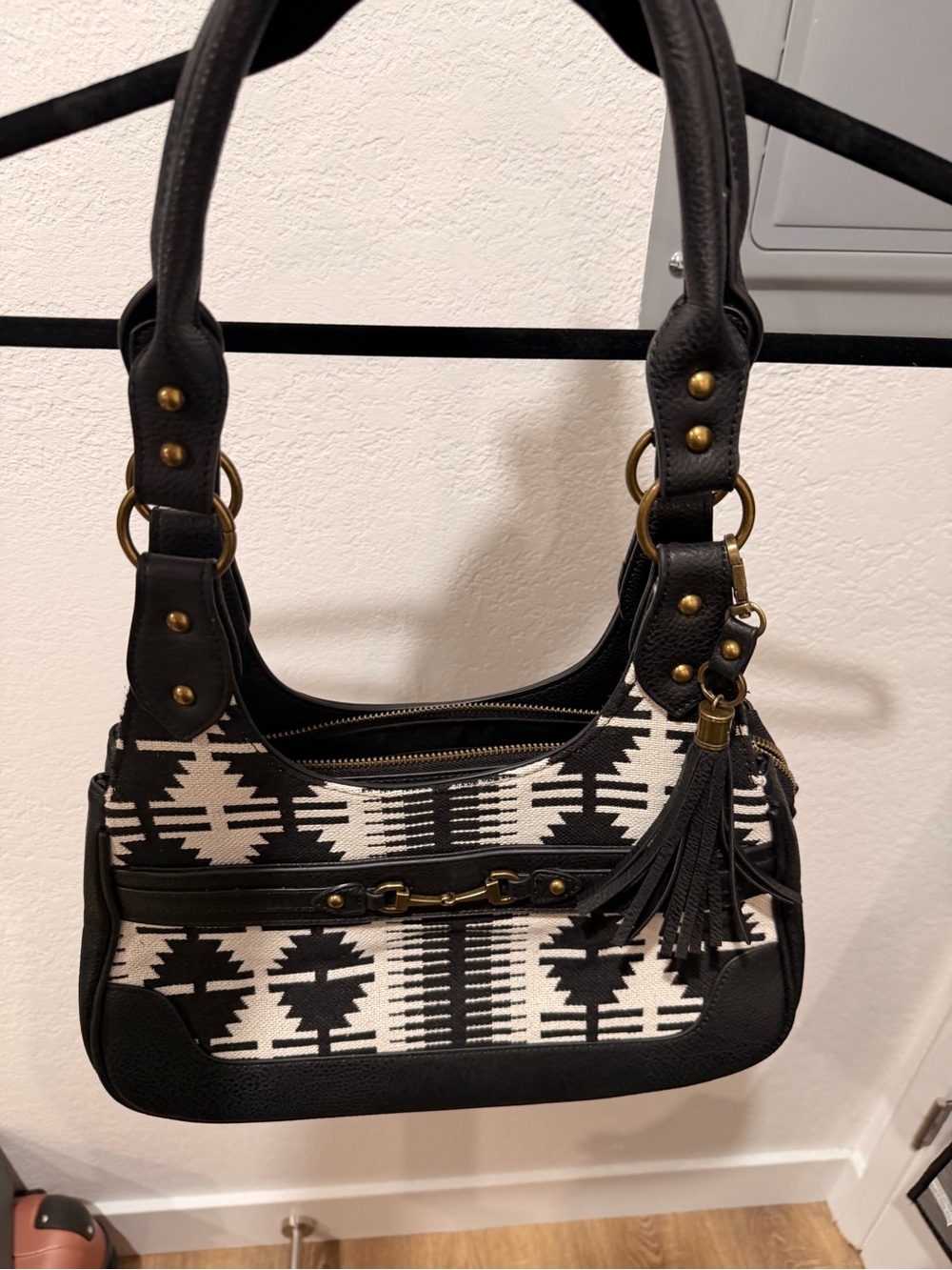 Black & White Aztec Tassel Shoulder Bag- Rein & Bridle